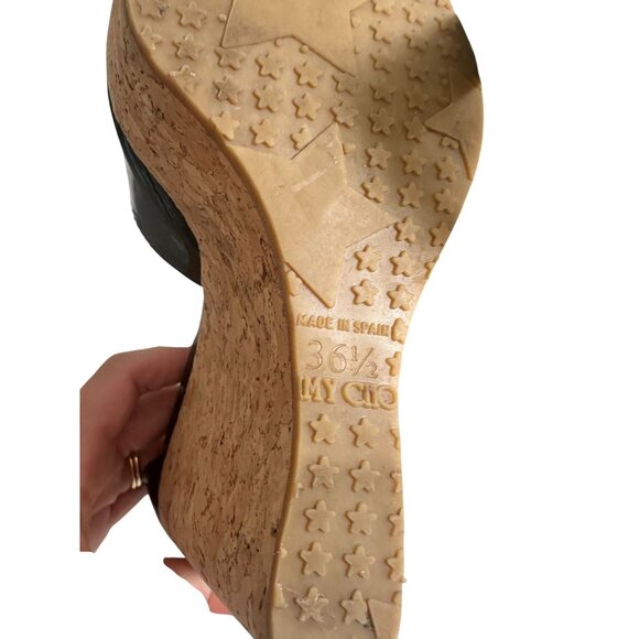 JIMMY CHOO Black Patent Leather Cork Wedges Sandals Size 36.5 - Picture 15 of 16